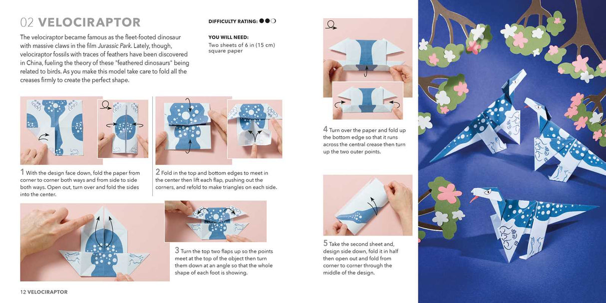 Go back to the days when dinosaurs ruled the earth with 15 prehistoric paper-folding projects and 250 sheets of origami paper to sink your teeth into.

With 15 designs for big and small dinosaurs, ocean-dwellers, and high flyers, there are projects here to entertain any paper paleontologist.

Try your hand at the speedy Velociraptor or one of the largest land animals that ever existed, the Apatosaurus. From the Cretaceous period you can make the king of the dinosaurs, the Tyrannosaurus rex, and the ancestor