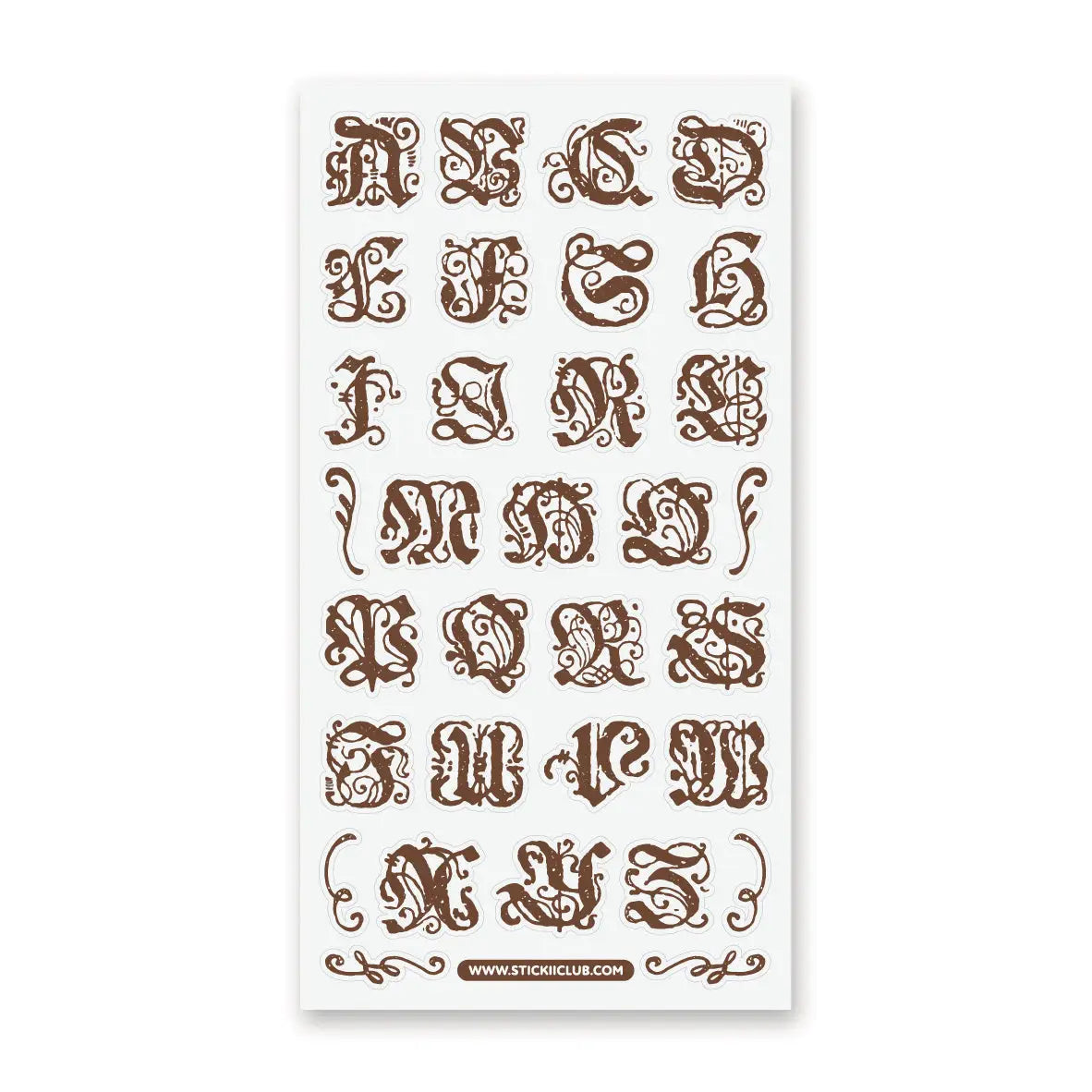 STICKII - Ornate Alphabet Sticker Sheet

✒️📜 Add a touch of old-world elegance to your pages with this ornate alphabet sheet. Inspired by gothic lettering, vintage monograms, and illuminated manuscript details, each letter is full of curling flourishes and antique charm. Perfect for spelling out initials, decorating journal pages, labeling letters, or giving any paper project the feeling of something pulled from a beautifully aged book.

Top Coating: None
Adhesive Layer: Paper
Backing Layer: Paper
6.69" x 