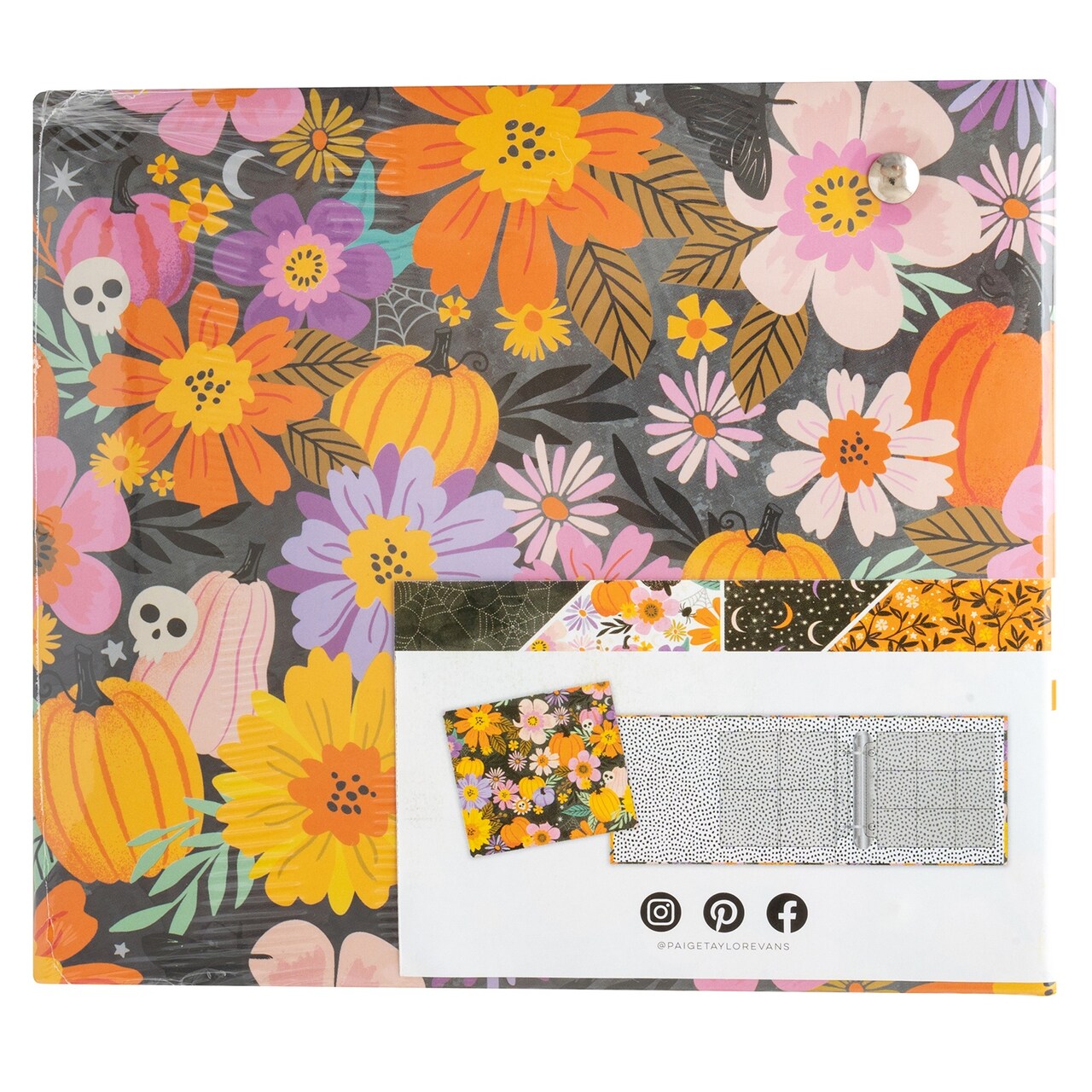 Introducing the 4" x 4" Album from the Tricks And Treats Collection by Paige Evans for American Crafts. This adorable album is the perfect way to showcase your Halloween memories. With its vibrant orange, pink, and purple pumpkins, flowers, skulls, and more on the cover, it captures the festive spirit of the season. The album includes 15 page protectors to keep your precious photos safe and organized. Whether you're documenting a spooky costume party or a fun-filled night of trick-or-treating, this album is