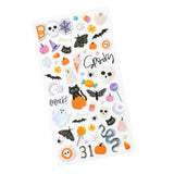 Add a touch of spooky charm to your paper crafting projects with Icons Puffy Stickers from the Tricks And Treats Collection by Paige Evans for American Crafts. This set of 60 stickers features an array of delightful images including pumpkins, skulls, and even a snake. Whether you're creating Halloween cards, scrapbook pages, or tags, these stickers are the perfect embellishment to bring your designs to life. The puffy texture adds dimension and visual interest to your projects, while the adhesive backing en