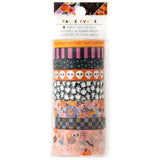 Add a touch of spooktacular charm to your creative projects with the Washi Tape from the Tricks And Treats Collection by Paige Evans for American Crafts.

This package includes eight rolls of tape featuring a variety of designs, such as pink and black stripes, skulls, ghosts, and more.

The rolls range in width from 0.375" to 0.875" and each measures six yards in length, giving you a total of 48 yards of tape to play with.

Whether you're decorating cards, scrapbook pages, envelopes, tags, journals, planner