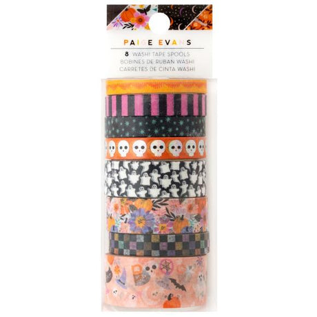 Add a touch of spooktacular charm to your creative projects with the Washi Tape from the Tricks And Treats Collection by Paige Evans for American Crafts.

This package includes eight rolls of tape featuring a variety of designs, such as pink and black stripes, skulls, ghosts, and more.

The rolls range in width from 0.375" to 0.875" and each measures six yards in length, giving you a total of 48 yards of tape to play with.

Whether you're decorating cards, scrapbook pages, envelopes, tags, journals, planner