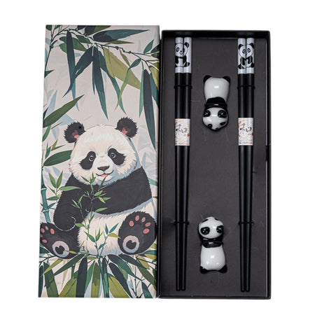 This adorable box set includes 2 sets of matching chopsticks and chopstick rests.&nbsp;

Size: 9 inch chopsticks, 2.25 inches W chopsticks rest
Material: Bamboo and Ceramic
Origin: China