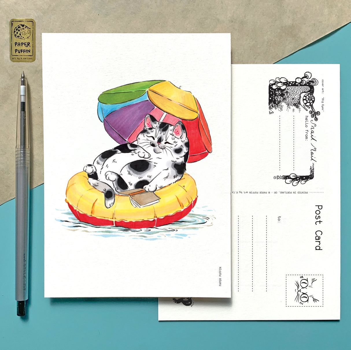 + size: 4.25 x 6” standard size, regular postage stamp
+ printed on a ‘toothy’ rag off white color card stock paper
+ FSC 100% recycled environmentally friendly paper
+ created and printed in Portland, OR&nbsp;


All work and photos ©PAPER PUFFIN Art by K.CARLSON