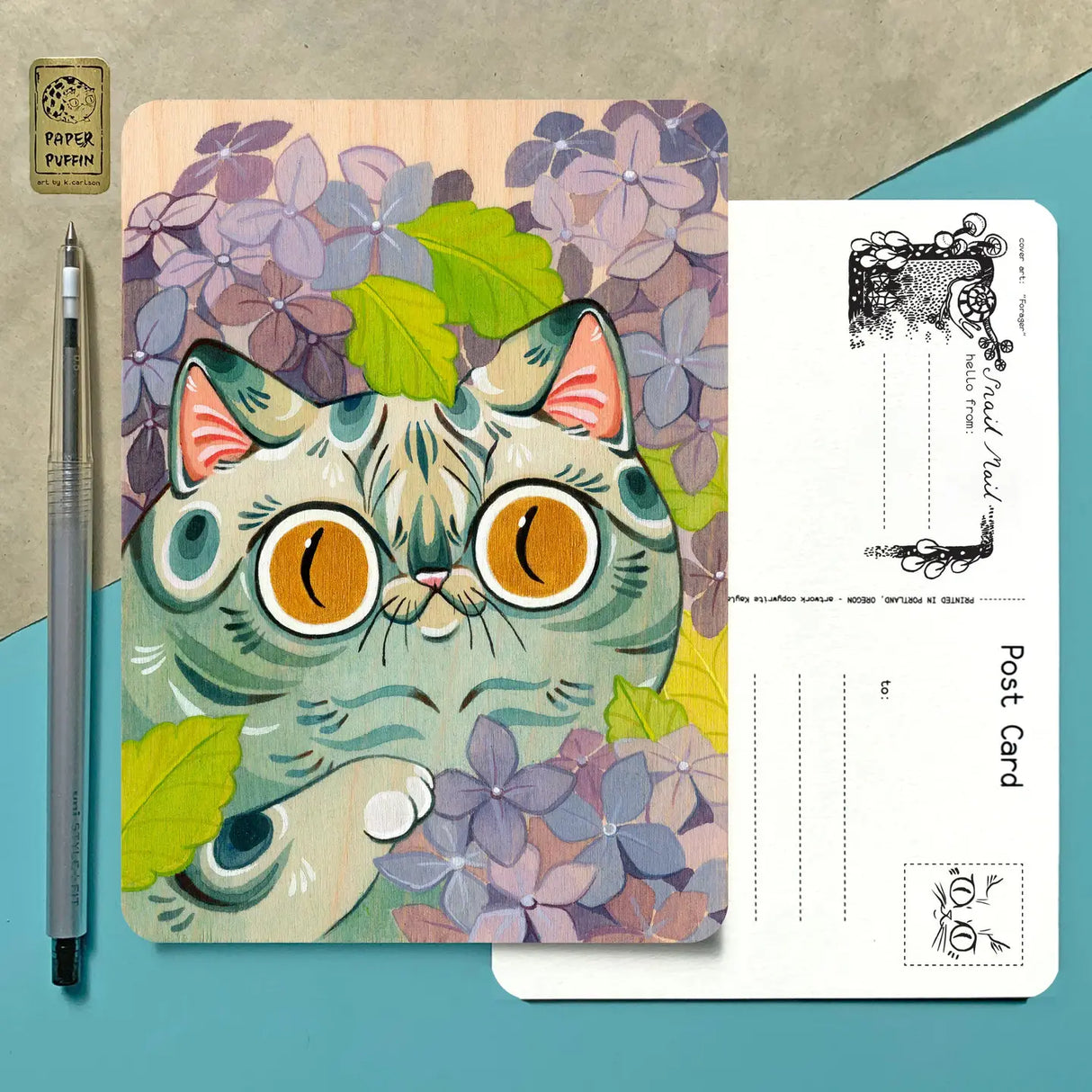 This postcard is full color with rounded corners. The original artwork is a painting on wood.

+ size: 4.25 x 6” standard size, regular postage stamp
+ printed on a ‘toothy’ rag off white color card stock paper
+ FSC 100% recycled environmentally friendly paper
+ created and printed in Portland, OR 


All work and photos ©PAPER PUFFIN Art by K.CARLSON