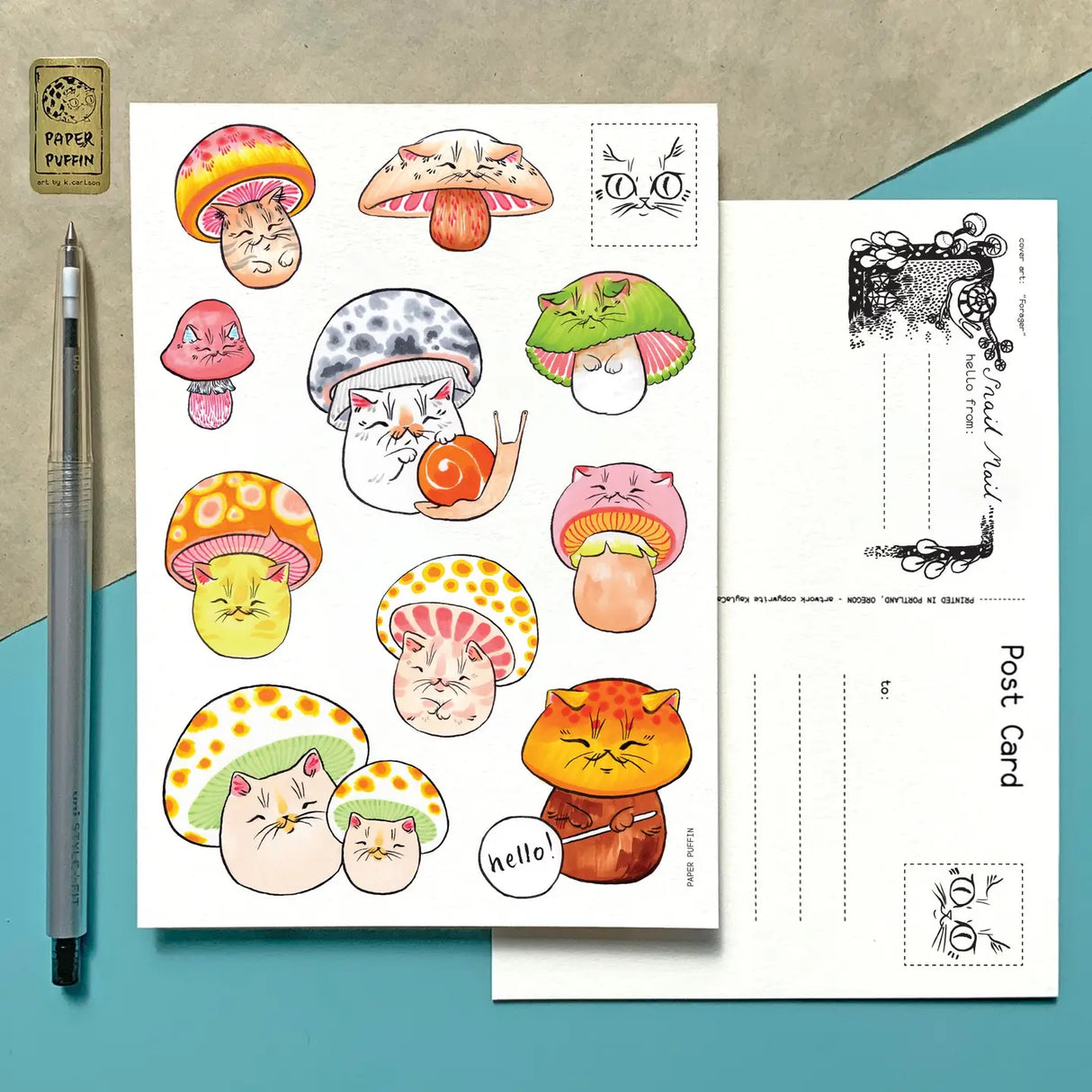 A vibrant collection of mushroom cats.

+ size: 4.25 x 6” standard size, regular postage stamp
+ printed on a ‘toothy’ rag off white color card stock paper
+ FSC 100% recycled environmentally friendly paper
+ created and printed in Portland, OR 


All work and photos ©PAPER PUFFIN Art by K.CARLSON