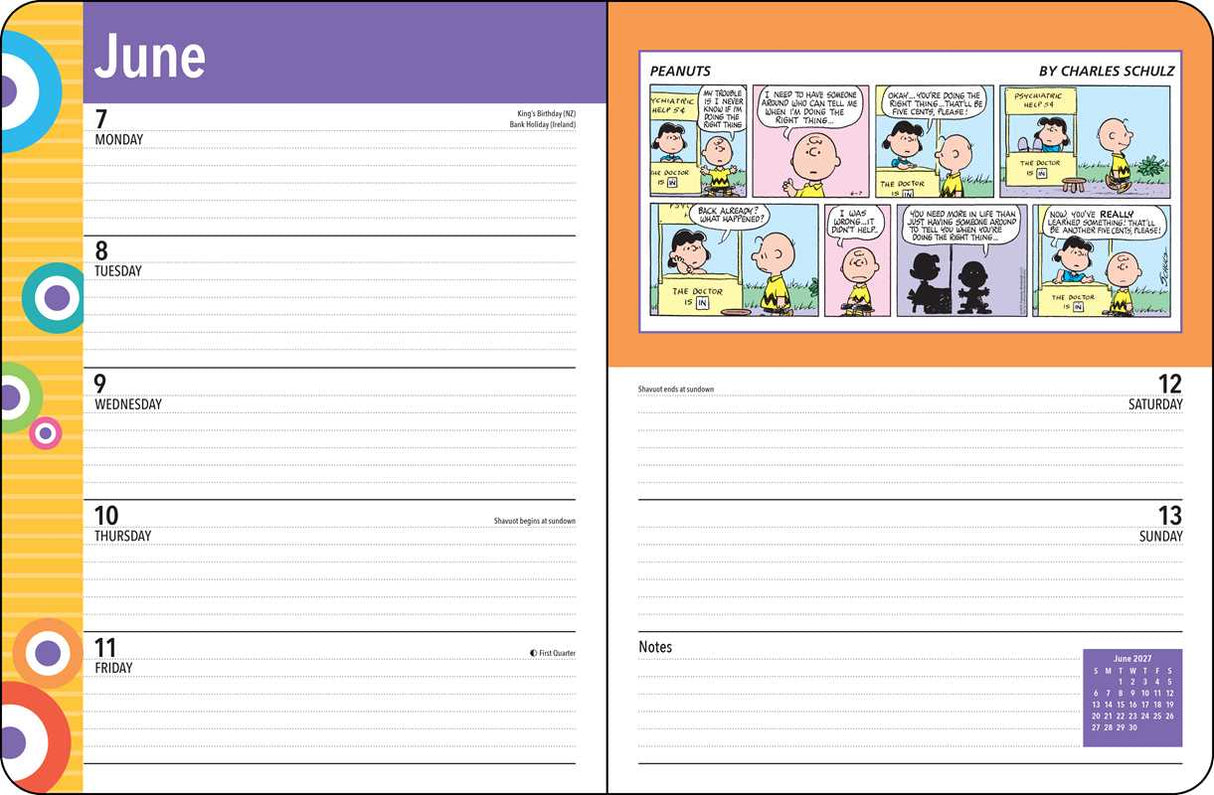 Staying organized will be a breeze this year with this bright and colorful monthly/weekly planner that features full-color Sunday comic strips of everyone's favorite gang—the PEANUTSÂ® gang.

The PEANUTSÂ® 2027 Monthly/Weekly Planner blends functionality with fun, featuring vibrant comic strips from Charles M. Schulz that celebrate the wit, whimsy, and heart of the PEANUTSÂ® gang. It offers plenty of space to jot down appointments, meetings, activities, or notes, and fits easily on a counter or desk, either