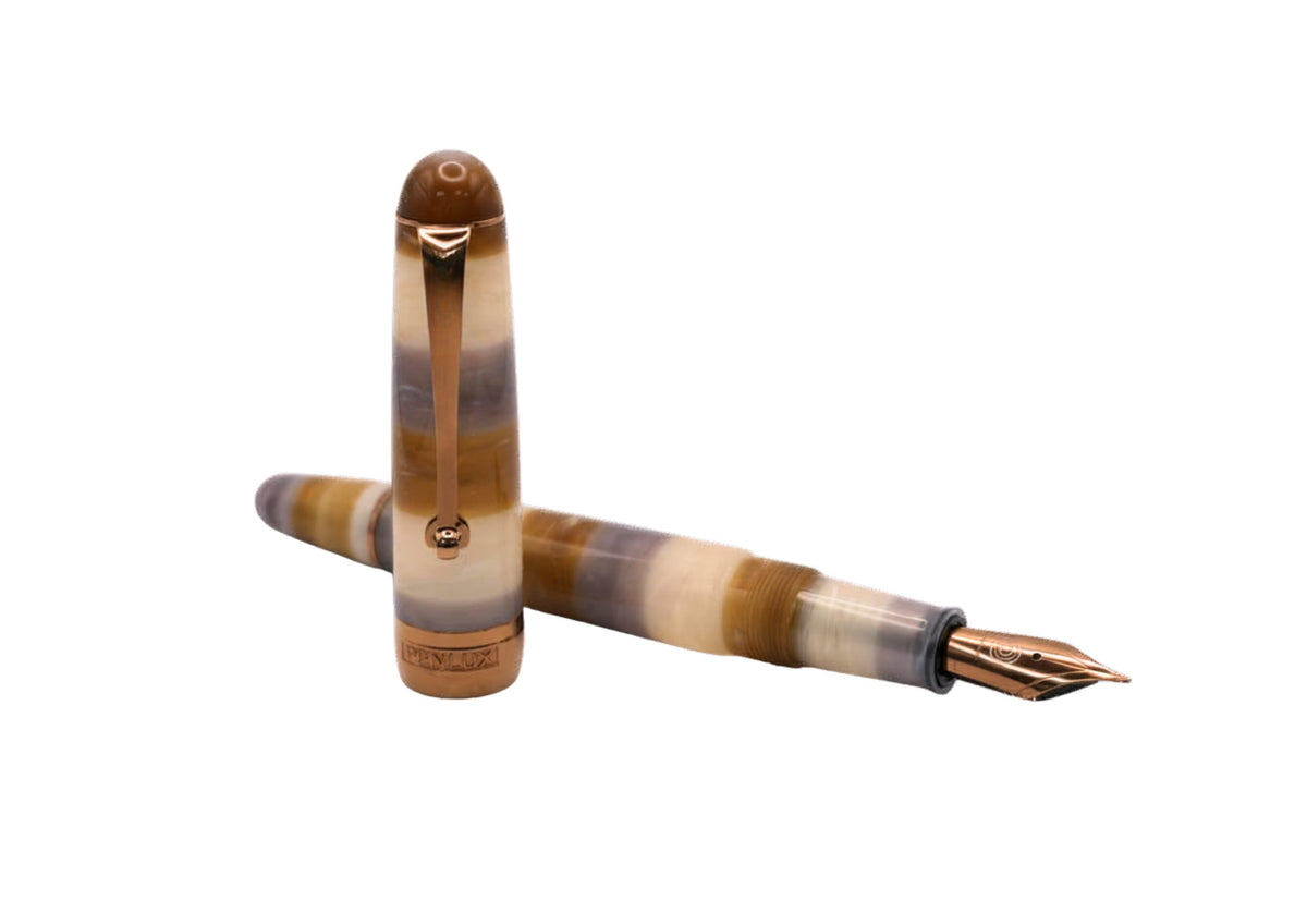 Penlux Masterpiece Delgado Bumblebee Fountain Pen

The collection of Delgado Selected is a premiere version of the Delgado which uses only rare materials and with small production quantity.&nbsp; The Bumblebee was created using PMMA resin and only 70 pieces were produced.&nbsp;

The Bumblebee Delgado features an earthy style with&nbsp;banded swirls of smoky slate grey, translucent honey amber, creamy white, and deep caramel. Topped off with copper plated trim and nib, it looks less like a bug and more like 
