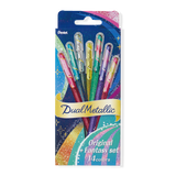 The Dual Metallic is a playful ballpoint pen with two sparkles in one line.
Because the ink and glitter colors are different, they produce colors that can be seen depending on the angle of light and the color of the background.
White paper has a delicate shimmer, and black paper has a deep, fantastic brilliance. With just one pen, you can create a variety of expressions that attract the viewer's heart.

It is finished in a set case made of paper material with a glittering hologram finish. Inside the case, t