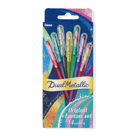 The Dual Metallic is a playful ballpoint pen with two sparkles in one line.
Because the ink and glitter colors are different, they produce colors that can be seen depending on the angle of light and the color of the background.
White paper has a delicate shimmer, and black paper has a deep, fantastic brilliance. With just one pen, you can create a variety of expressions that attract the viewer's heart.

It is finished in a set case made of paper material with a glittering hologram finish. Inside the case, t