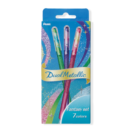 The Dual Metallic is a playful ballpoint pen with two sparkles in one line.
Because the ink and glitter colors are different, they produce colors that can be seen depending on the angle of light and the color of the background.
White paper has a delicate shimmer, and black paper has a deep, fantastic brilliance. With just one pen, you can create a variety of expressions that attract the viewer's heart.

It is finished in a set case made of paper material with a glittering hologram finish. Inside the case, t