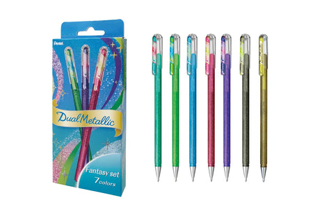 The Dual Metallic is a playful ballpoint pen with two sparkles in one line.
Because the ink and glitter colors are different, they produce colors that can be seen depending on the angle of light and the color of the background.
White paper has a delicate shimmer, and black paper has a deep, fantastic brilliance. With just one pen, you can create a variety of expressions that attract the viewer's heart.

It is finished in a set case made of paper material with a glittering hologram finish. Inside the case, t