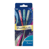 The Dual Metallic is a playful ballpoint pen with two sparkles in one line.
Because the ink and glitter colors are different, they produce colors that can be seen depending on the angle of light and the color of the background.
White paper has a delicate shimmer, and black paper has a deep, fantastic brilliance. With just one pen, you can create a variety of expressions that attract the viewer's heart.

It is finished in a set case made of paper material with a glittering hologram finish. Inside the case, t