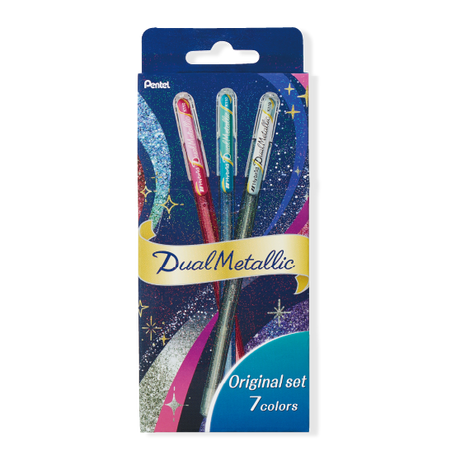 The Dual Metallic is a playful ballpoint pen with two sparkles in one line.
Because the ink and glitter colors are different, they produce colors that can be seen depending on the angle of light and the color of the background.
White paper has a delicate shimmer, and black paper has a deep, fantastic brilliance. With just one pen, you can create a variety of expressions that attract the viewer's heart.

It is finished in a set case made of paper material with a glittering hologram finish. Inside the case, t