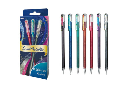 The Dual Metallic is a playful ballpoint pen with two sparkles in one line.
Because the ink and glitter colors are different, they produce colors that can be seen depending on the angle of light and the color of the background.
White paper has a delicate shimmer, and black paper has a deep, fantastic brilliance. With just one pen, you can create a variety of expressions that attract the viewer's heart.

It is finished in a set case made of paper material with a glittering hologram finish. Inside the case, t