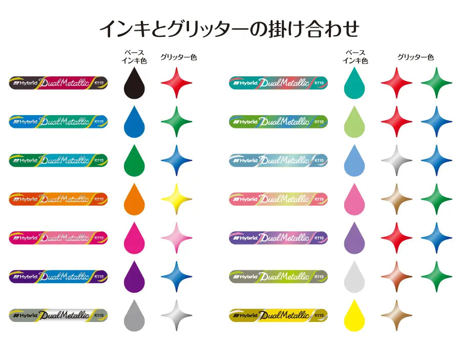 The Dual Metallic is a playful ballpoint pen with two sparkles in one line.
Because the ink and glitter colors are different, they produce colors that can be seen depending on the angle of light and the color of the background.
White paper has a delicate shimmer, and black paper has a deep, fantastic brilliance. With just one pen, you can create a variety of expressions that attract the viewer's heart.

It is finished in a set case made of paper material with a glittering hologram finish. Inside the case, t