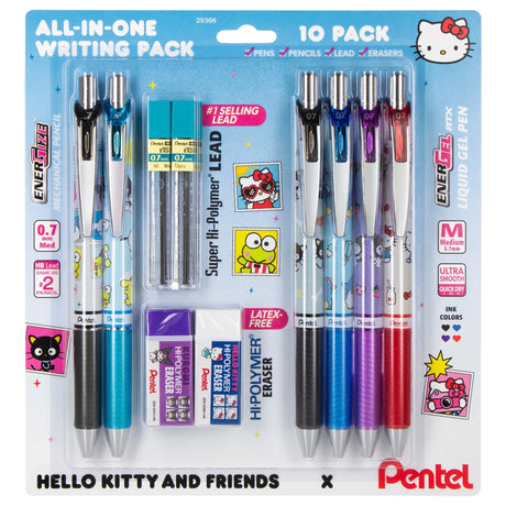 Your favorite characters, your favorite pens. Pentel has teamed up with Hello Kitty and Friends to bring you a limited-edition collection of premium writing instruments designed for fans, collectors, and everyday writers alike.

The Pentel Writing Essentials Pack includes 4 EnerGel gel pens with assorted ink colors, 2 EnerGize 0.7mm mechanical pencils, 2 Hi-Polymer block erasers, and 2 Hi-Polymer 0.7mm HB lead, providing a comprehensive writing solution. Many people struggle to find writing tools that are b