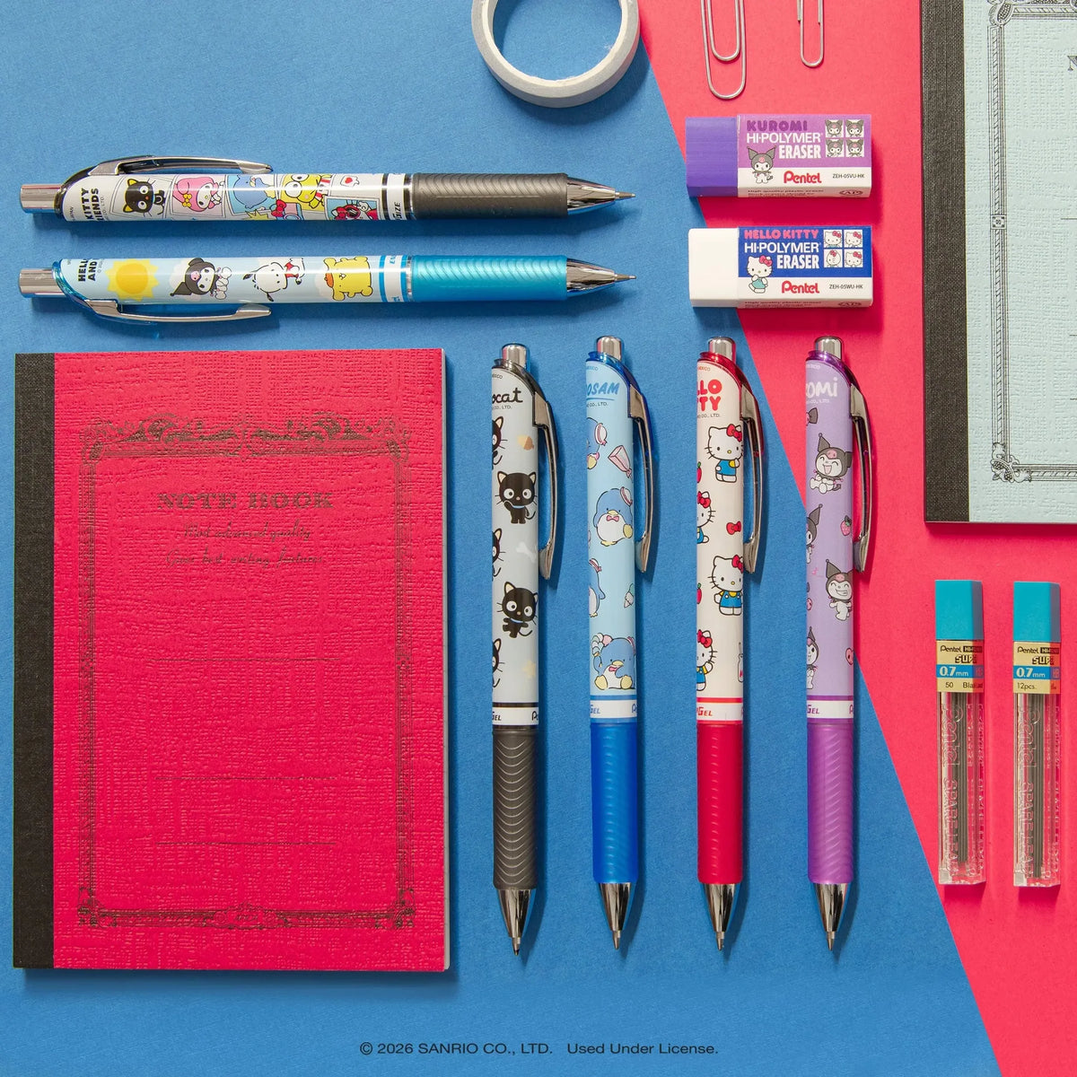 Your favorite characters, your favorite pens. Pentel has teamed up with Hello Kitty and Friends to bring you a limited-edition collection of premium writing instruments designed for fans, collectors, and everyday writers alike.

The Pentel Writing Essentials Pack includes 4 EnerGel gel pens with assorted ink colors, 2 EnerGize 0.7mm mechanical pencils, 2 Hi-Polymer block erasers, and 2 Hi-Polymer 0.7mm HB lead, providing a comprehensive writing solution. Many people struggle to find writing tools that are b