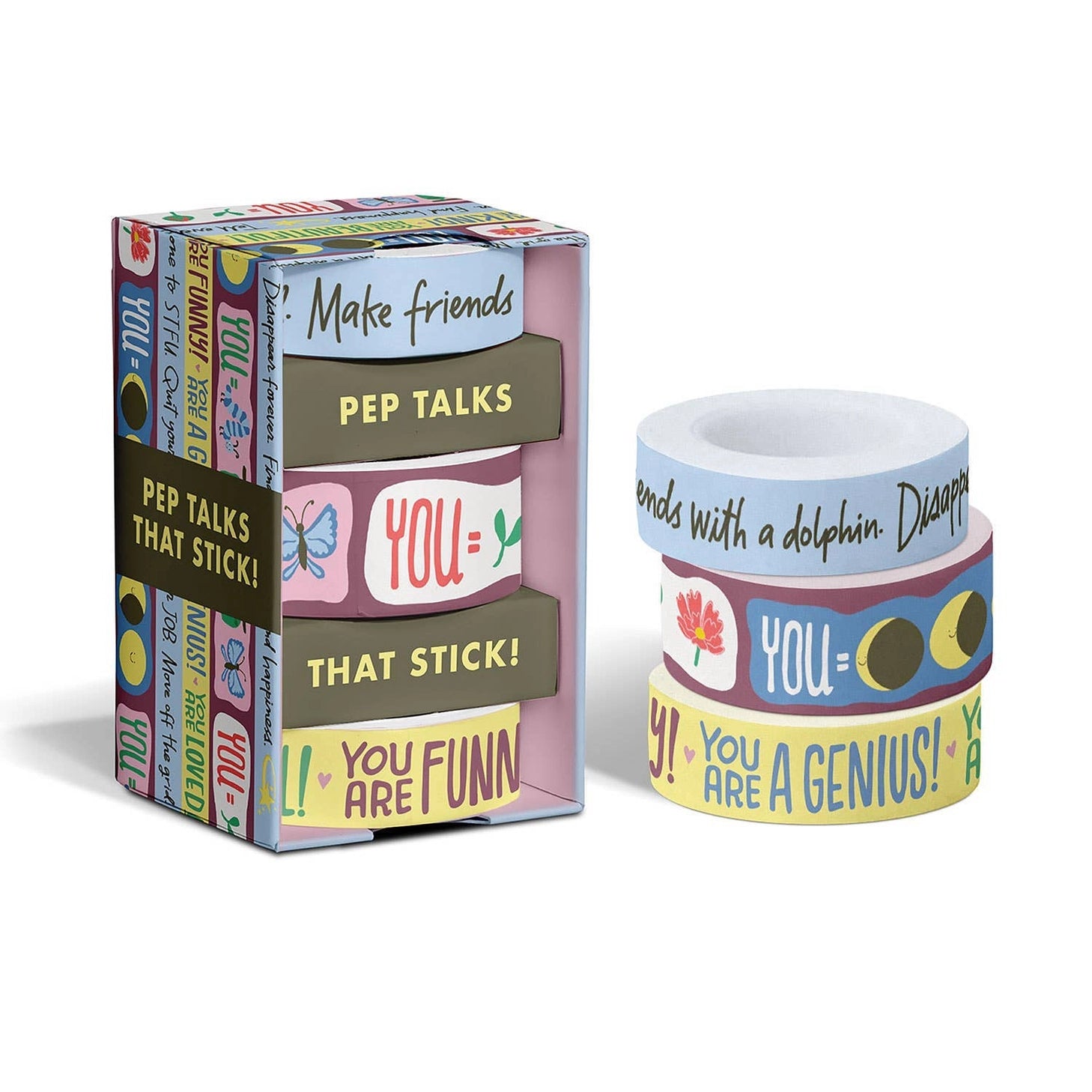 Make the cards &amp; gifts you give even MORE fun and supportive with our Talk-y Washi Tape! This fun &amp; funny decorative tape is full of kindness, encouragement (and cuteness)! Use liberally on cards + gift wrap, plus journals, calendars, and crafts!

3 rolls: 1 roll measuring 2.5 cm x 10 m, 2 rolls each measuring 1.5 cm x 10 m
Box: 2 x 3.75 x 2 inches