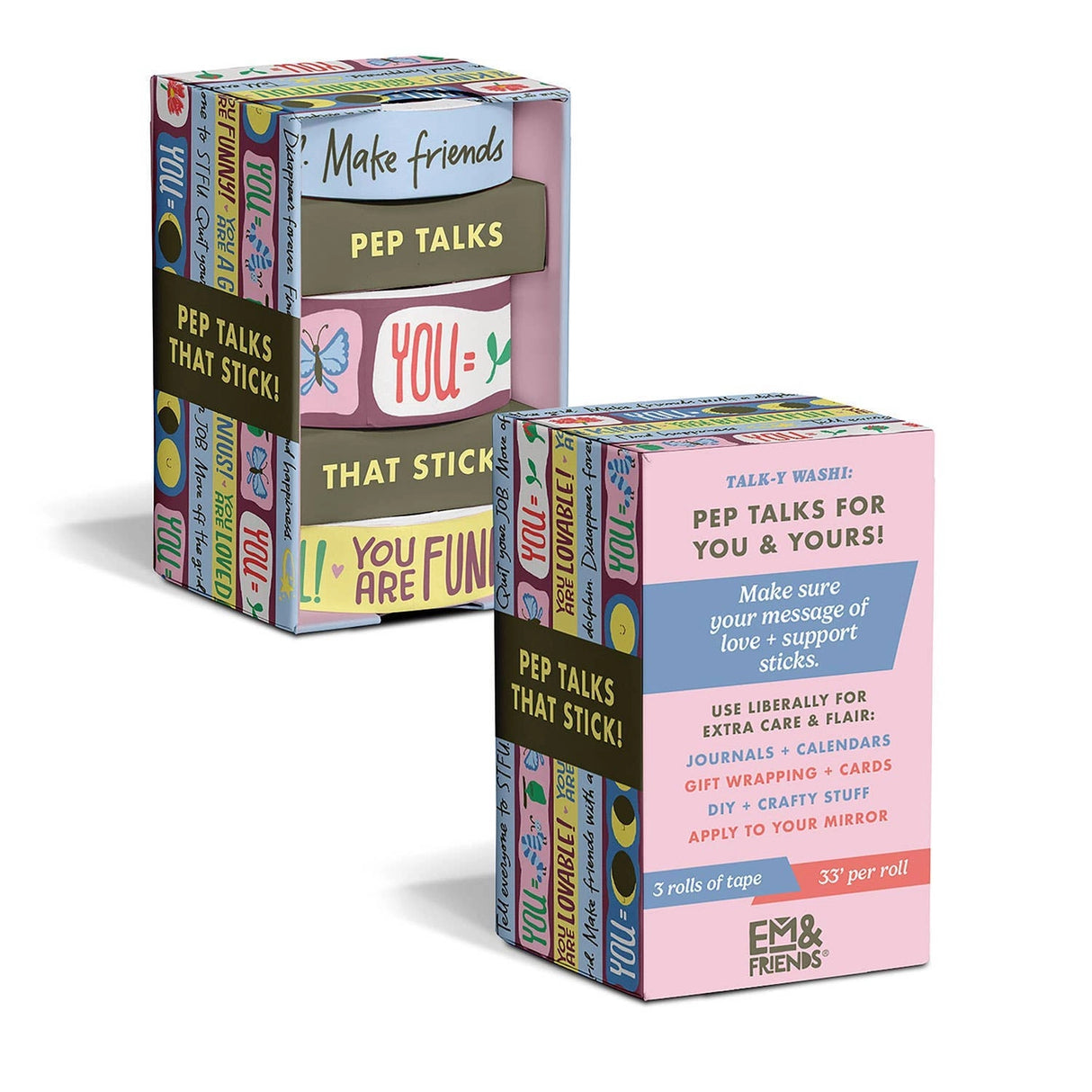 Make the cards &amp; gifts you give even MORE fun and supportive with our Talk-y Washi Tape! This fun &amp; funny decorative tape is full of kindness, encouragement (and cuteness)! Use liberally on cards + gift wrap, plus journals, calendars, and crafts!

3 rolls: 1 roll measuring 2.5 cm x 10 m, 2 rolls each measuring 1.5 cm x 10 m
Box: 2 x 3.75 x 2 inches