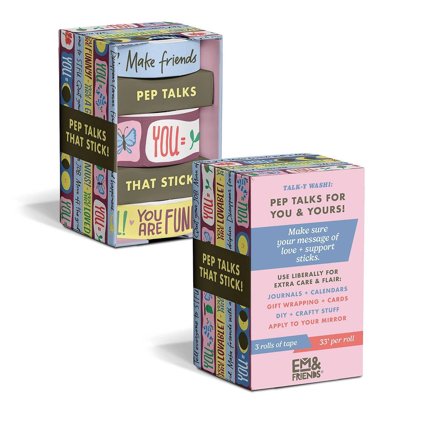 Make the cards &amp; gifts you give even MORE fun and supportive with our Talk-y Washi Tape! This fun &amp; funny decorative tape is full of kindness, encouragement (and cuteness)! Use liberally on cards + gift wrap, plus journals, calendars, and crafts!

3 rolls: 1 roll measuring 2.5 cm x 10 m, 2 rolls each measuring 1.5 cm x 10 m
Box: 2 x 3.75 x 2 inches