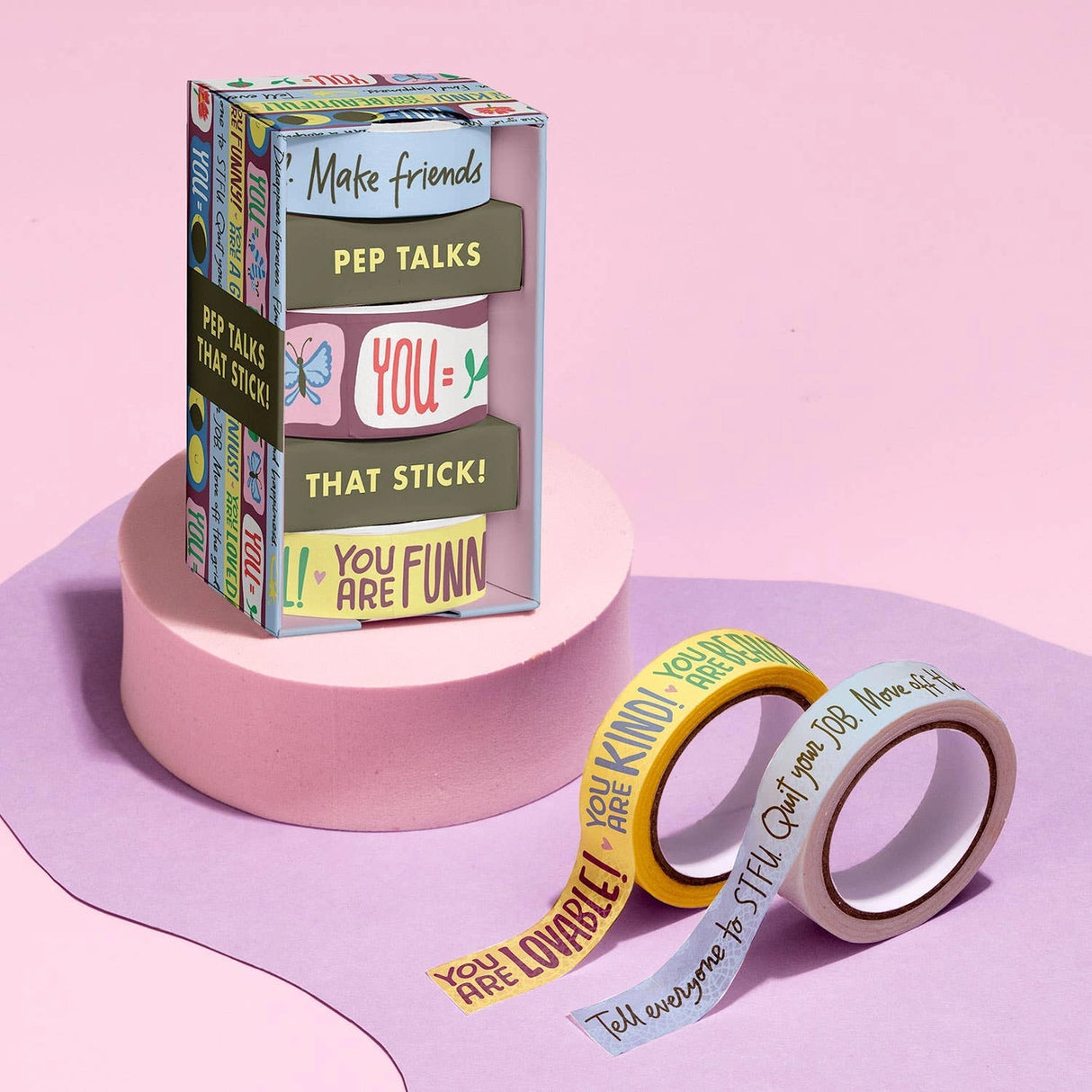 Make the cards &amp; gifts you give even MORE fun and supportive with our Talk-y Washi Tape! This fun &amp; funny decorative tape is full of kindness, encouragement (and cuteness)! Use liberally on cards + gift wrap, plus journals, calendars, and crafts!

3 rolls: 1 roll measuring 2.5 cm x 10 m, 2 rolls each measuring 1.5 cm x 10 m
Box: 2 x 3.75 x 2 inches