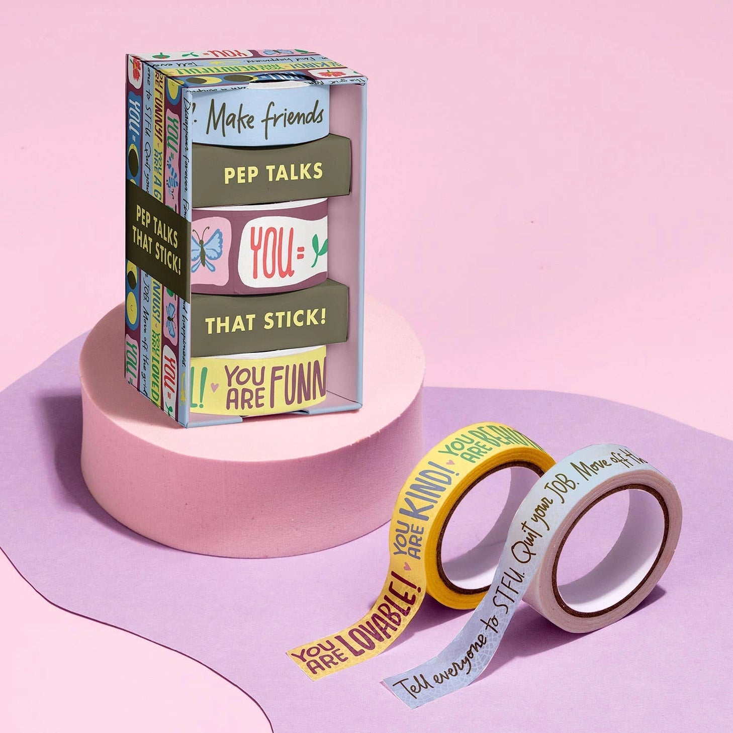 Make the cards &amp; gifts you give even MORE fun and supportive with our Talk-y Washi Tape! This fun &amp; funny decorative tape is full of kindness, encouragement (and cuteness)! Use liberally on cards + gift wrap, plus journals, calendars, and crafts!

3 rolls: 1 roll measuring 2.5 cm x 10 m, 2 rolls each measuring 1.5 cm x 10 m
Box: 2 x 3.75 x 2 inches