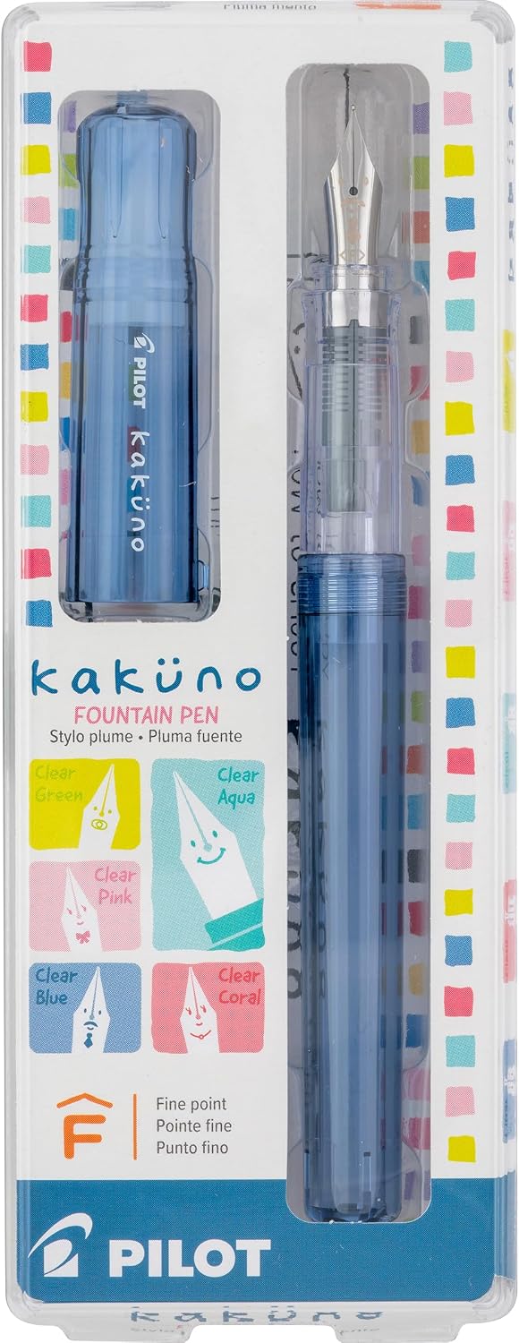 Pilot Kakuno Fountain Pen - Clear Blue

Kakuno is a delightful, new fountain pen that is ideal for both first time fountain pen users and experienced writers. Everyone can enjoy writing with a Kakuno fountain pen. "Kakuno" means "to write" in Japanese, and that's just what this pen helps users to do by featuring an appealing smiley face on the nib, when oriented upward, ensures perfect nib orientation.

&nbsp;The NEW Kakuno Clear body features the Extra Fine, Fine and Medium Nib (with a tongue sticking out)