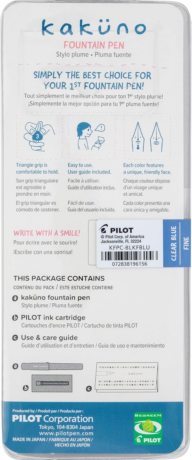 Pilot Kakuno Fountain Pen - Clear Blue

Kakuno is a delightful, new fountain pen that is ideal for both first time fountain pen users and experienced writers. Everyone can enjoy writing with a Kakuno fountain pen. "Kakuno" means "to write" in Japanese, and that's just what this pen helps users to do by featuring an appealing smiley face on the nib, when oriented upward, ensures perfect nib orientation.

&nbsp;The NEW Kakuno Clear body features the Extra Fine, Fine and Medium Nib (with a tongue sticking out)