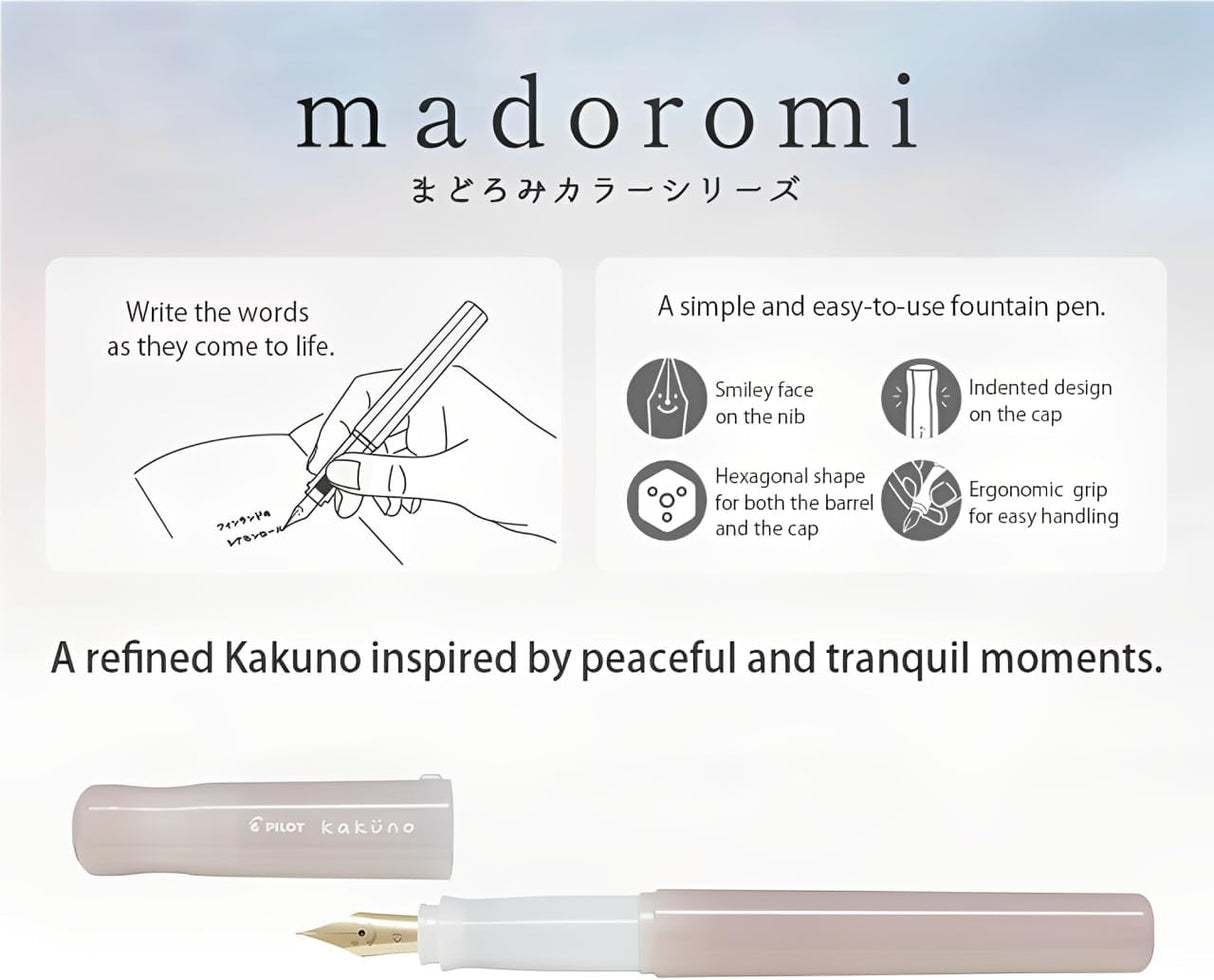 The Kakuno Fountain Pen Madoromi Color Series is a delightful blend of charm, functionality, and thoughtful design, perfect for both beginners and seasoned writers. Inspired by the concept of "Madoromi," meaning "peaceful and tranquil moments or a gentle, comfortable slumber," this series exudes a refined and calming aesthetic. The colorful transparent barrel elegantly reveals the ink inside, complemented by soothing pastel hues that create a serene and inviting writing experience.

Kakuno is a delightful, 