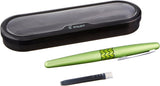 Pilot Metropolitan Retro Pop Fountain Pen - Green

The Pilot MR Retro Pop Collection combines retro designs with an array of brightly colored, patterned accent bands for just a touch of the pop.

Crafted with premium brass barrels and polished stainless steel accents, featuring sophisticated looks with durability for daily use. Bring a touch of your groovy side to the most professional occasions. The Pilot MR Retro Pop Fountain Pen is equipped with a fine stainless steel nib and comes with a converter and a