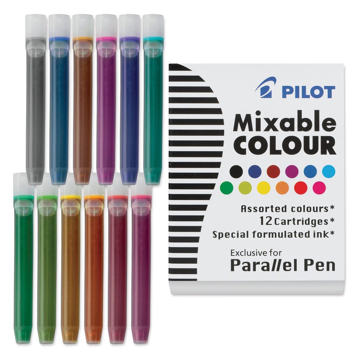 Pilot Parallel ink cartridges are specially designed for creative color blending. Their mixable formula lets you combine inks to produce smooth gradients and entirely new shades. Compared to standard Pilot fountain pen cartridges, this ink is richer in color and offers improved flow for a smoother writing experience. Made exclusively for the Pilot Parallel Pen, these dye-based inks deliver bold, vibrant strokes and are ideal for producing striking gradient effects with ease.

Each box includes 12 cartridges