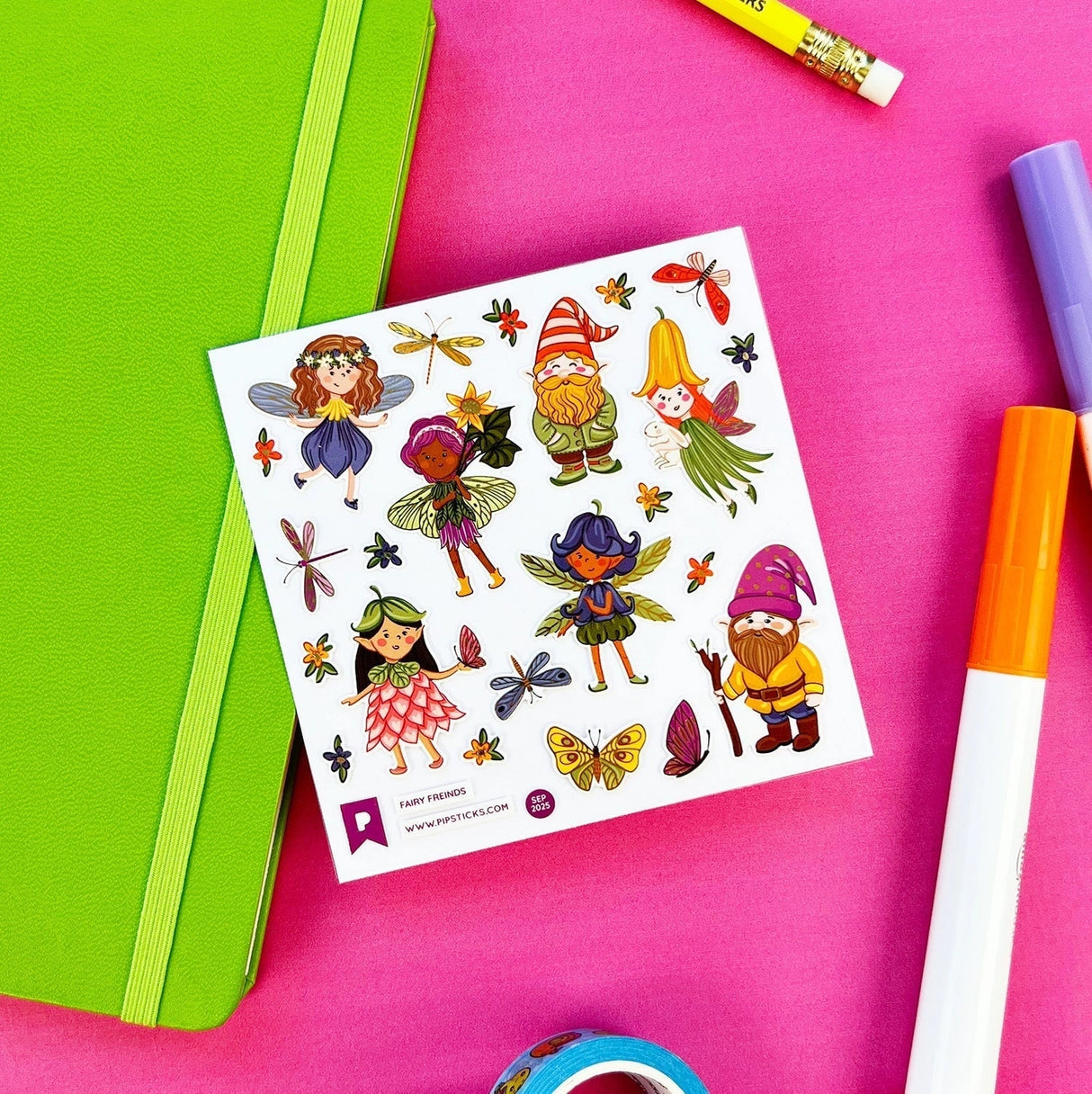 PipStickers are the PERFECT gift for the sticker lover in your life - even if it's you! These unique PVC designs with gold foil accents come on a clear backing and cannot be found anywhere else.

Includes one 4" x 4" sheet of Fairy Friends PipStickers and includes the Pipsticks manifesto.