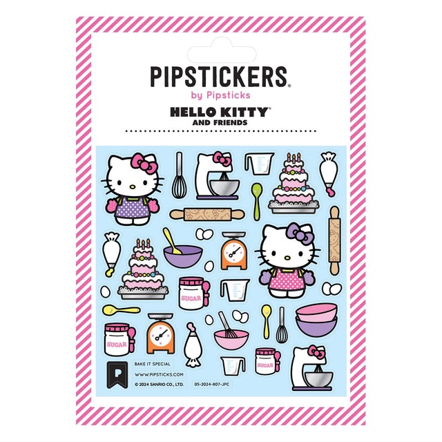 PipStickers are the PERFECT gift for the sticker lover in your life - even if it's you! These unique PVC designs with silver foil accents come on a clear backing and cannot be found anywhere else.

Includes one 4" x 4" sheet of Hello Kitty Bake It Special PipStickers and includes the Pipsticks manifesto.