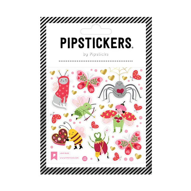 PipStickers are the PERFECT gift for the sticker lover in your life - even if it's you! These unique PVC designs with silver foil accents come on a clear backing and cannot be found anywhere else.

Includes one 4" x 4" sheet of Love Bugs PipStickers and includes the Pipsticks manifesto.