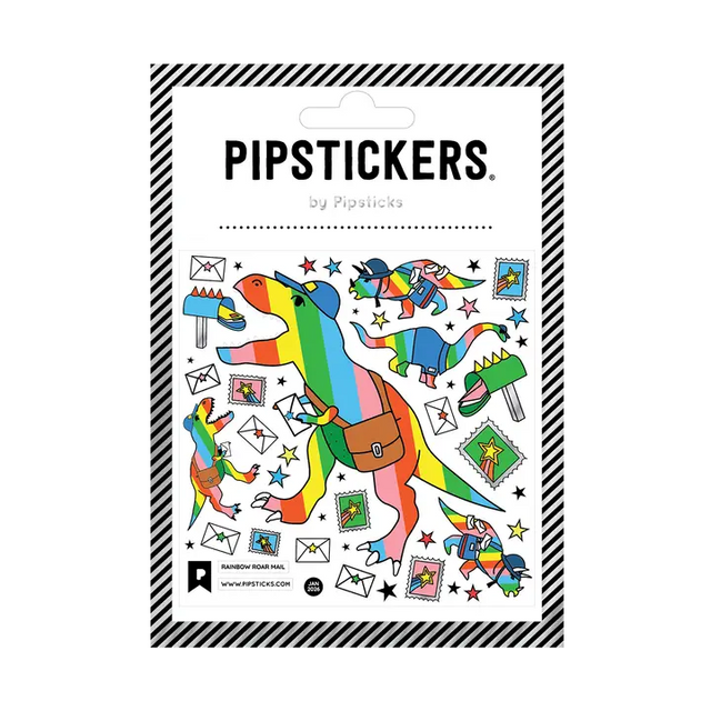 PipStickers are the PERFECT gift for the sticker lover in your life - even if it's you! These unique PVC designs with silver foil accents come on a clear backing and cannot be found anywhere else.

Includes one 4" x 4" sheet of Rainbow Roar Mail PipStickers and includes the Pipsticks manifesto.