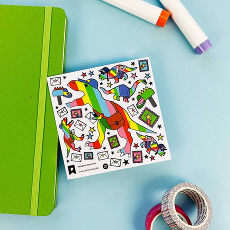 PipStickers are the PERFECT gift for the sticker lover in your life - even if it's you! These unique PVC designs with silver foil accents come on a clear backing and cannot be found anywhere else.

Includes one 4" x 4" sheet of Rainbow Roar Mail PipStickers and includes the Pipsticks manifesto.