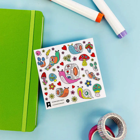 PipStickers are the PERFECT gift for the sticker lover in your life - even if it's you! These unique PVC designs with silver foil accents come on a clear backing and cannot be found anywhere else.

Includes one 4" x 4" sheet of Sticker Spiral Snails PipStickers and includes the Pipsticks manifesto.