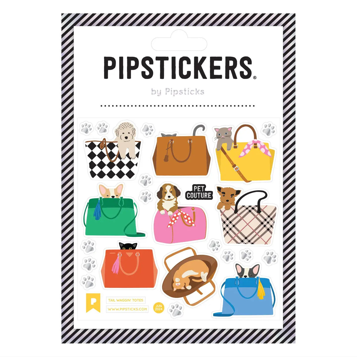 PipStickers are the PERFECT gift for the sticker lover in your life - even if it's you! These unique PVC designs with silver foil accents come on a clear backing and cannot be found anywhere else.

Includes one 4'' x 4'' sheet of Tail Waggin' Totes PipStickers and includes the Pipsticks manifesto.