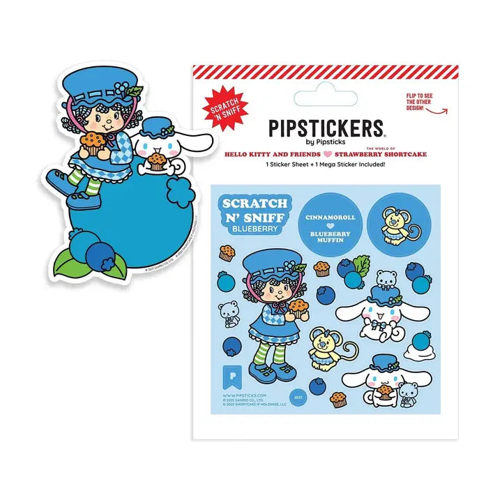 Cool, sweet, and totally collectible, this Blueberry-themed Hello Kitty and Friends scratch-and-sniff sticker sheet features playful character illustrations, juicy berry details, and bold blue tones on a soft pastel background. Each glossy sticker has a lightly raised texture and releases a fruity blueberry scent when scratched—perfect for adding a fun, sensory pop to notebooks, letters, planners, and more.

PipStickers are the PERFECT gift for the sticker lover in your life - even if it's you! These unique