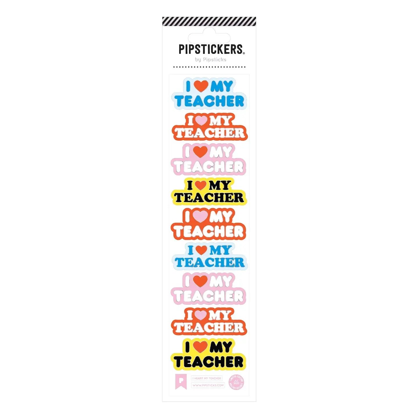 PipStickers are the PERFECT gift for the sticker lover in your life - even if it's you! These unique PVC designs with silver foil accents come on a clear backing and cannot be found anywhere else.

Includes one 2" x 8" sheet of I Heart My Teacher PipStickers and includes the Pipsticks manifesto.