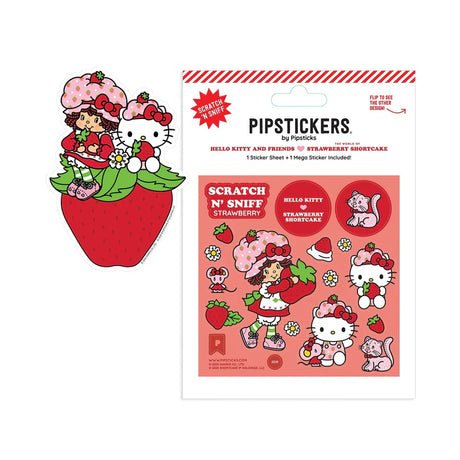 Sweet, nostalgic, and full of charm, this Strawberry Shortcake x Hello Kitty scratch-and-sniff sticker sheet features bright strawberries, floral details, and adorable character art on a soft pink background. Each glossy sticker has a lightly raised texture and releases a fruity strawberry scent when scratched, making it a fun, sensory way to decorate notebooks, letters, planners, and more.

PipStickers are the PERFECT gift for the sticker lover in your life - even if it's you! These unique scratch 'n sniff