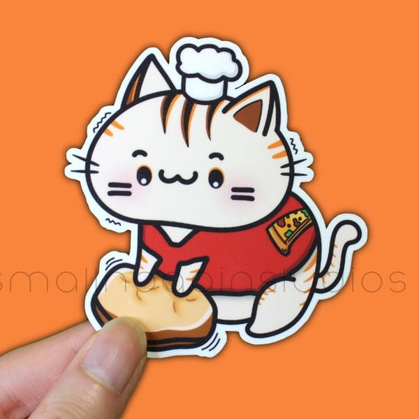 Pizza Cat Vinyl Sticker, Funny Kitten Kneading Bread Food