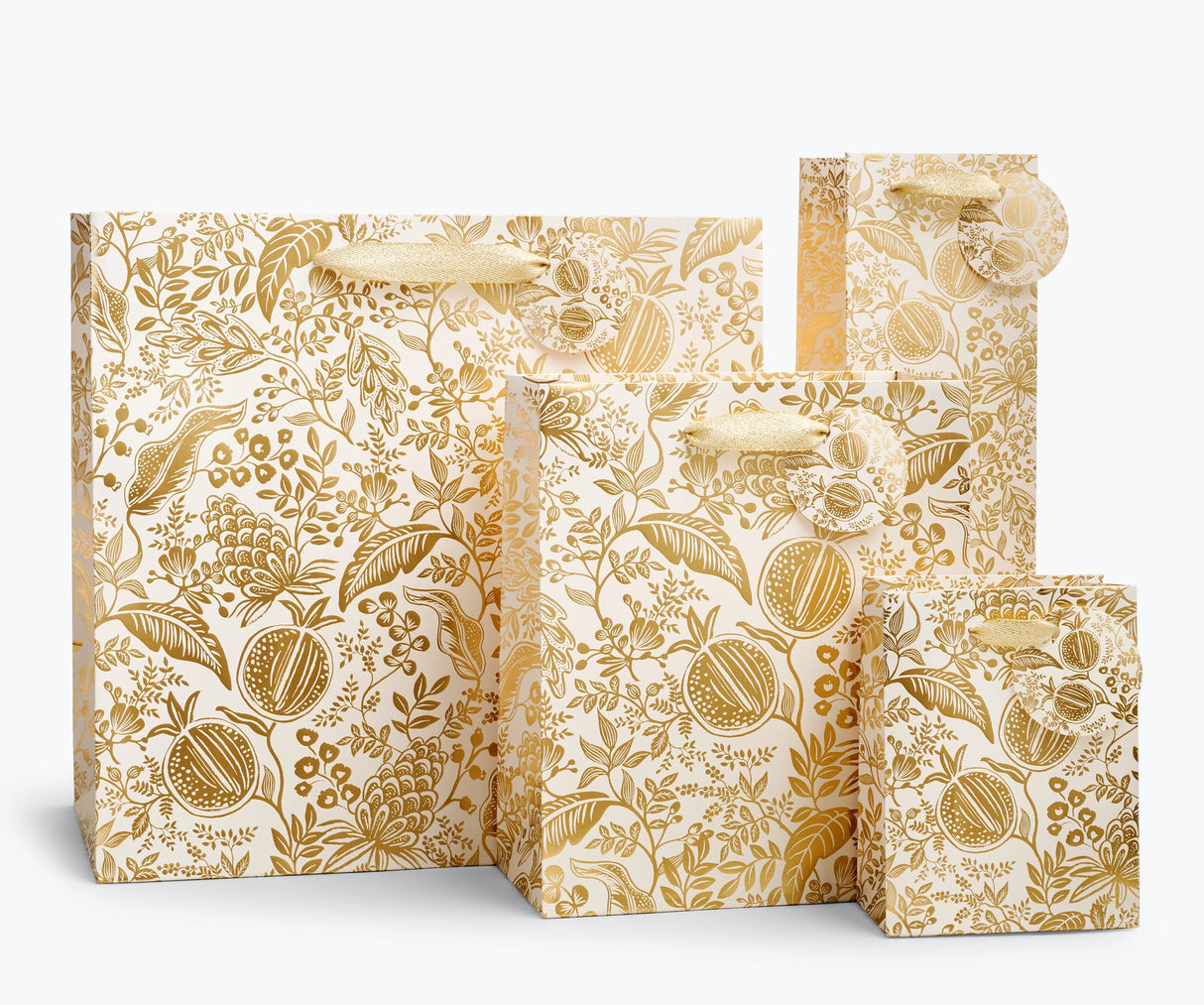 Giving gets even more special with our gift bags, which feature charming extras like gold foil accents, cotton ribbon handles, and a coordinating “To” and “From” tag.

DETAILS

Small: 6 x 4.5 x 0.3 in
Coated paper with cotton ribbon handles
Printed in full color and UV gold glitter
Gold lurex ribbon handles
Cardboard floor insert