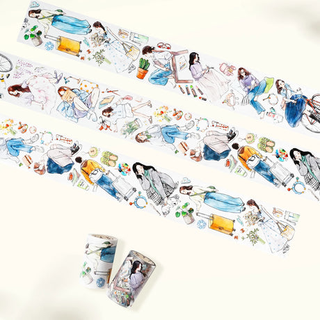 Weekend energy, beautifully illustrated.
The Pre-cut Hello Weekend Wide Washi/PET Tape features a gentle, lifestyle-inspired character embracing all the calm, restorative activities we love — from peaceful reading breaks to scenic bike rides, mindful journaling sessions, slow travel moments, and music-filled afternoons.