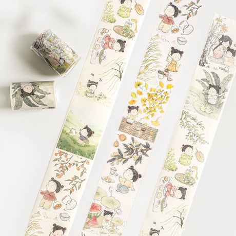 Relive the charm of carefree countryside childhood adventures with this enchanting washi tape! Featuring sweet scenes of quiet moments under trees, playful explorations with a pet cat, enjoying afternoon teas, and listening to birds sing, every design captures the essence of nature’s magic and childhood wonder.

Pre-cut for easy use, it’s perfect for adding warmth and whimsy to your journals, planners, and crafts. Just peel, stick, and let these delightful moments bring your projects to life!