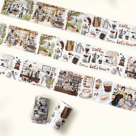 Meet our Life of Coffee PET Tape, a caffeine lover’s dream wrapped in a roll! This tape takes you on a delightful journey of the humble coffee bean, capturing its transformation from plant, to bustling coffee shop, and finally enjoyed by devoted coffee enthusiasts. Each section is illustrated with charming details and vibrant scenes that brew up a sense of warmth and nostalgia.&nbsp;

Artist: Antonia_Roxy

Brand: WT (&nbsp;The Washi Tape Shop)
Pre-cut PET Tape
Size: 70mm×5m
Design Loop: 100cm
Material: PET 