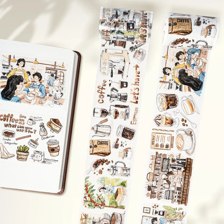 Meet our Life of Coffee PET Tape, a caffeine lover’s dream wrapped in a roll! This tape takes you on a delightful journey of the humble coffee bean, capturing its transformation from plant, to bustling coffee shop, and finally enjoyed by devoted coffee enthusiasts. Each section is illustrated with charming details and vibrant scenes that brew up a sense of warmth and nostalgia.&nbsp;

Artist: Antonia_Roxy

Brand: WT (&nbsp;The Washi Tape Shop)
Pre-cut PET Tape
Size: 70mm×5m
Design Loop: 100cm
Material: PET 