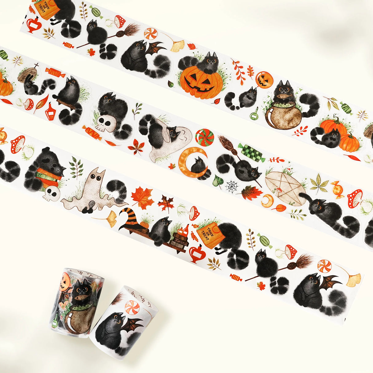 Step into a world of whiskers and wonder with our Pre-cut Shadow Paws Wide Washi/PET Tape, created in collaboration with @better.call.liubka. These hand-drawn Halloween cats tumble, sneak, and play across your pages—bringing a dose of spooky fun to every spread. From curious stares to mischievous pranks, each design captures the magic of feline adventures on All Hallows’ Eve.

Artist: @better.call.liubka

Size: 60mm×5m
Design Loop: 100cm
Material: PET Clear Tape