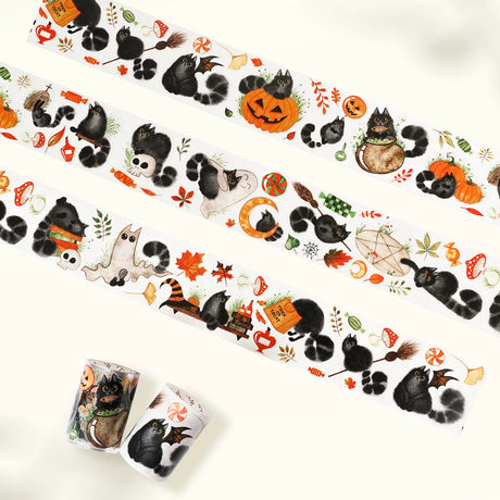 Step into a world of whiskers and wonder with our Pre-cut Shadow Paws Wide Washi/PET Tape, created in collaboration with @better.call.liubka. These hand-drawn Halloween cats tumble, sneak, and play across your pages—bringing a dose of spooky fun to every spread. From curious stares to mischievous pranks, each design captures the magic of feline adventures on All Hallows’ Eve.

Artist: @better.call.liubka

Size: 60mm×5m
Design Loop: 100cm
Material: PET Clear Tape